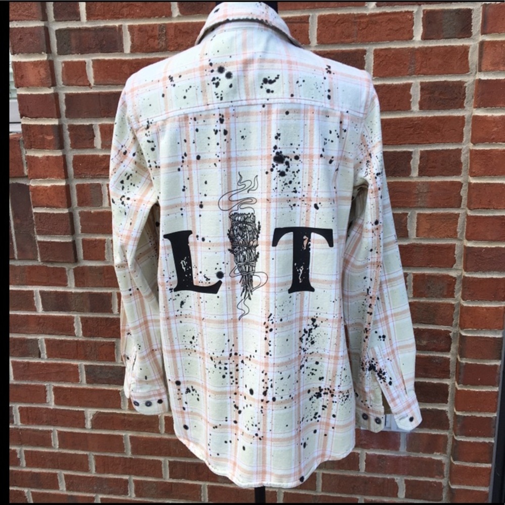 Upcycled Flannel Shirt Lit Sage Go Smudge Yourself Graphic Green Plaid Large